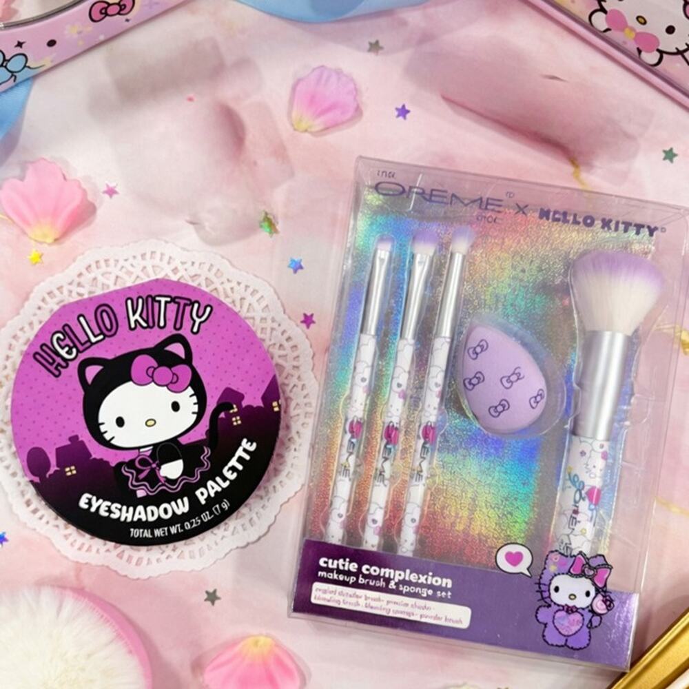 NEW Hello Kitty Makeup Bundle The Creme Shop Brush Set & Halloween Eyeshadow Pal